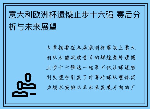 意大利欧洲杯遗憾止步十六强 赛后分析与未来展望